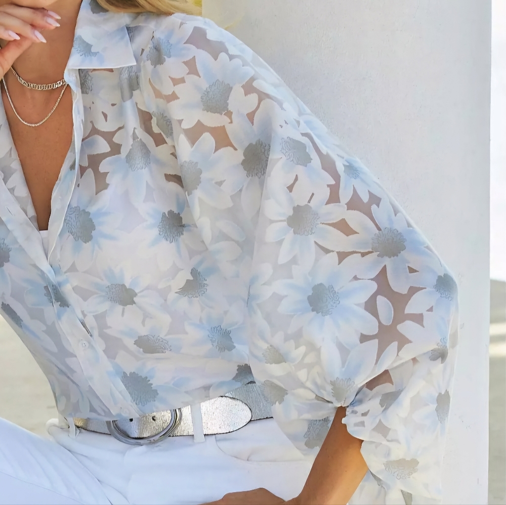 Boston Proper sz. Med Floral Organza Burnout Balloon Sleeve Shirt Blue Multi